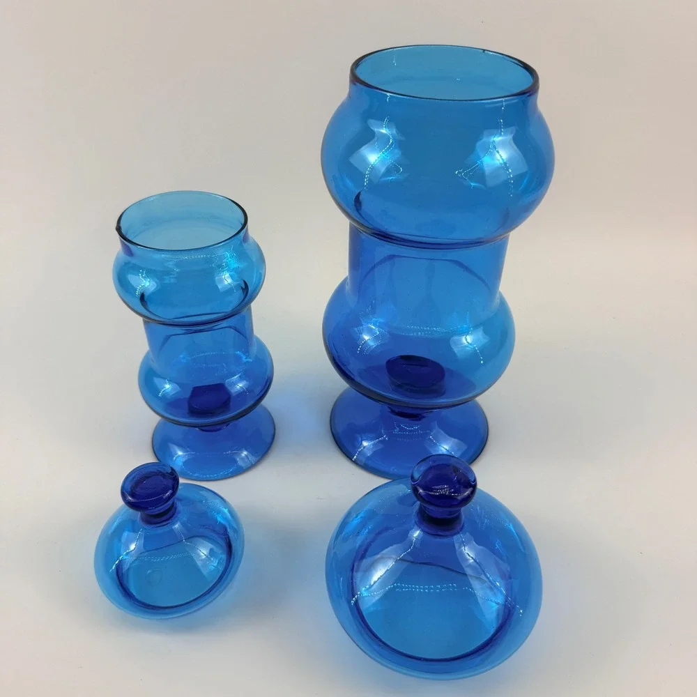 Blue Glass Apothecary Jars Mid Century Modern Lidded Candy Dishes Set of 2
